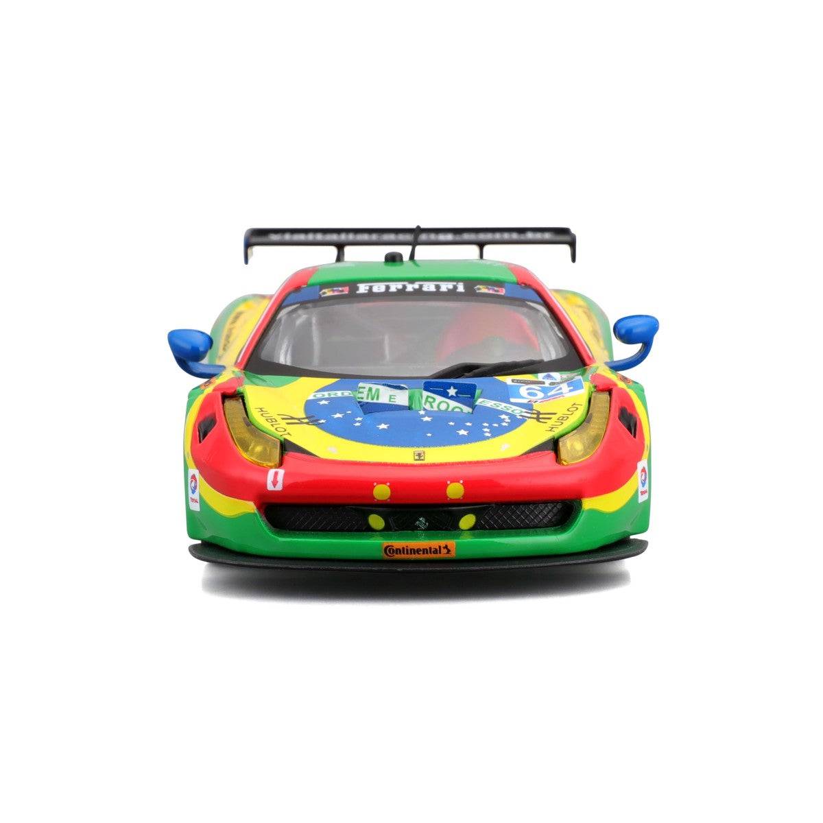 Front view of Bburago 1:43 Ferrari 458 Italia GT3 2015 model car, showcasing aggressive grille, aerodynamic mirrors, and racing livery.