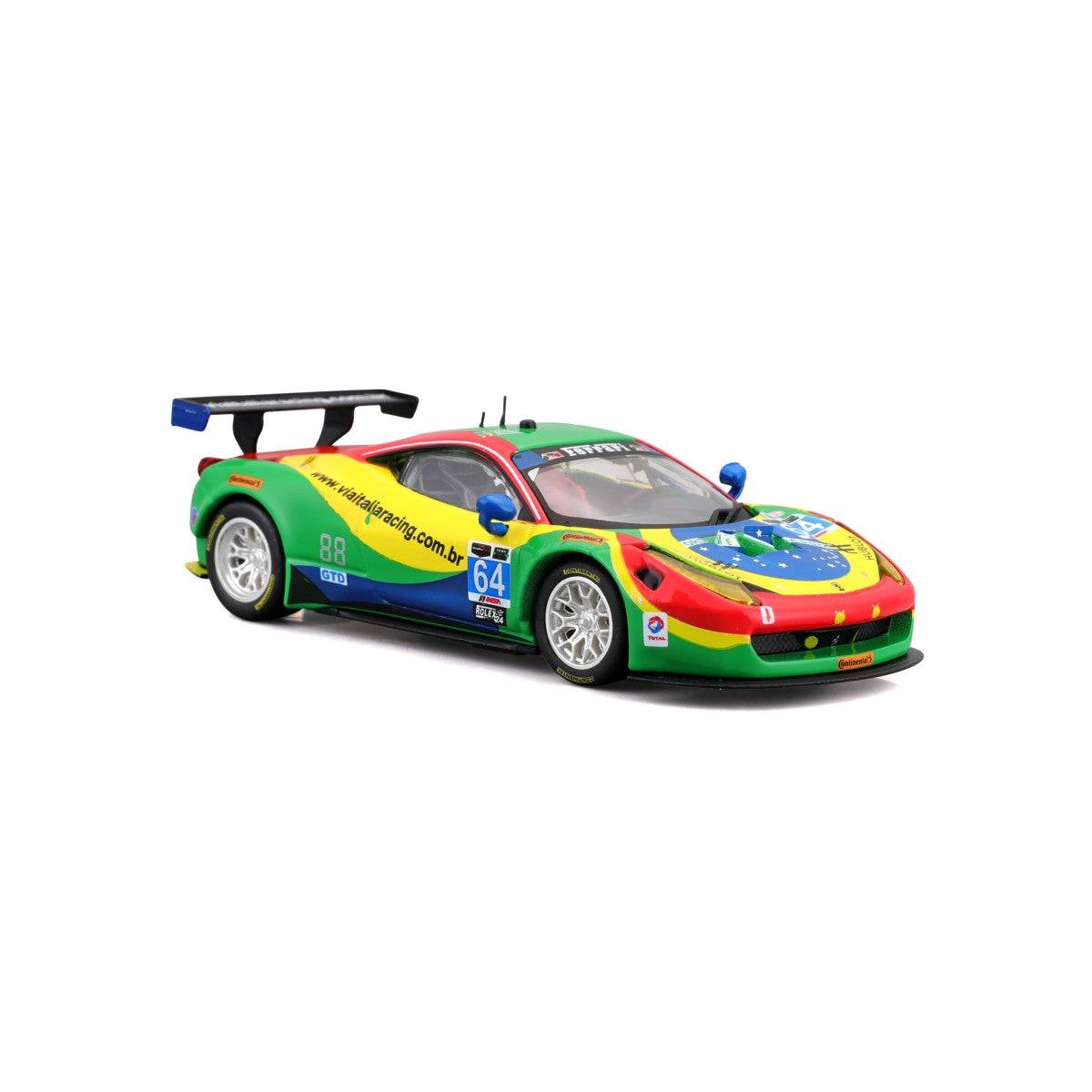 Angled side view of Bburago 1:43 Ferrari 458 Italia GT3 2015 model car, emphasizing its detailed paintwork and sponsor branding.