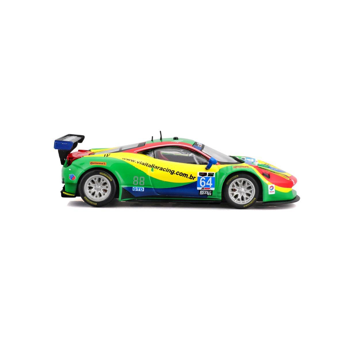 Left side profile of Bburago 1:43 Ferrari 458 Italia GT3 2015 model car, featuring realistic rims, aerodynamic body, and racing decals.