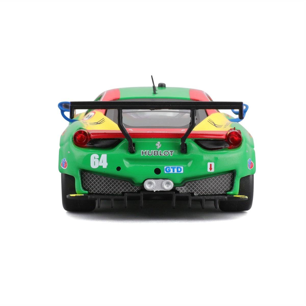 Rear view of Bburago 1:43 Ferrari 458 Italia GT3 2015 model car, highlighting dual exhausts, rear diffuser, and GT3 racing wing.