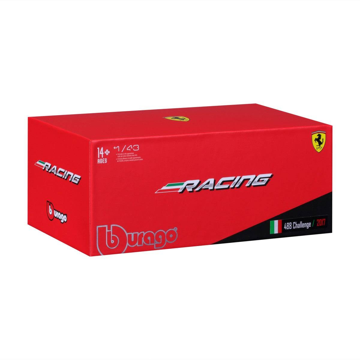 Bburago 1:43 Ferrari 488 Challenge 2017 model car packaging in red, featuring Ferrari branding, racing series details, and collector’s edition labeling.
