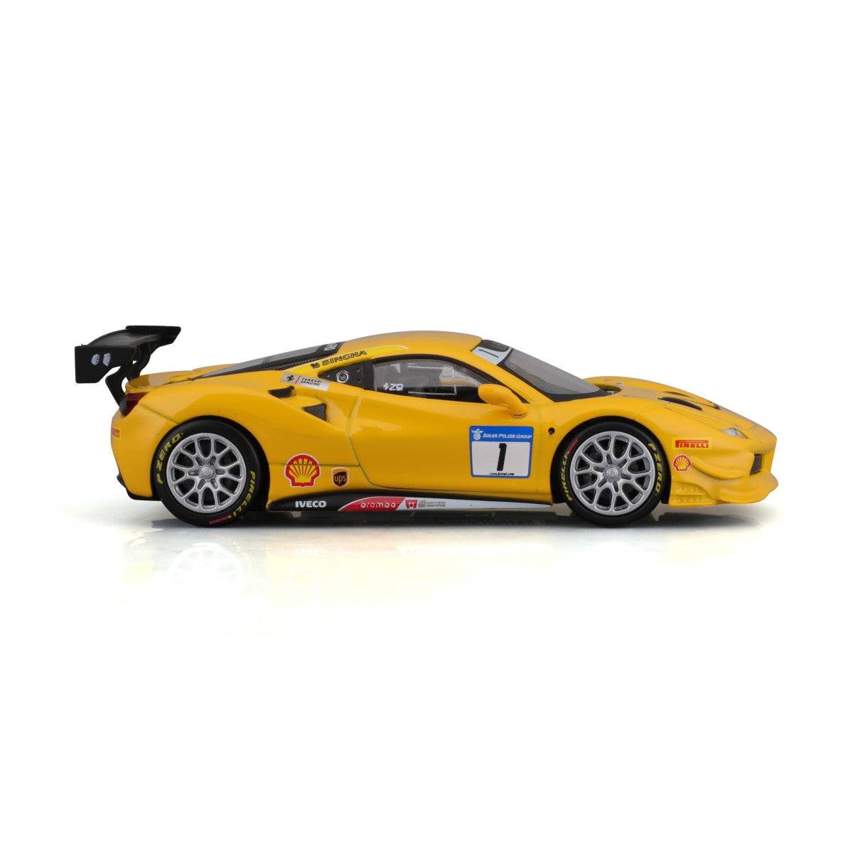 Side view of Bburago 1:43 Ferrari 488 Challenge 2017 alloy model car, emphasizing its aerodynamic shape, racing decals, and detailed alloy wheels.