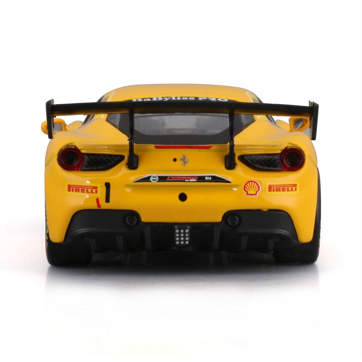 Back view of Bburago 1:43 Ferrari 488 Challenge 2017 alloy model car, showcasing dual exhausts, sponsor logos, and aerodynamic rear diffuser.
