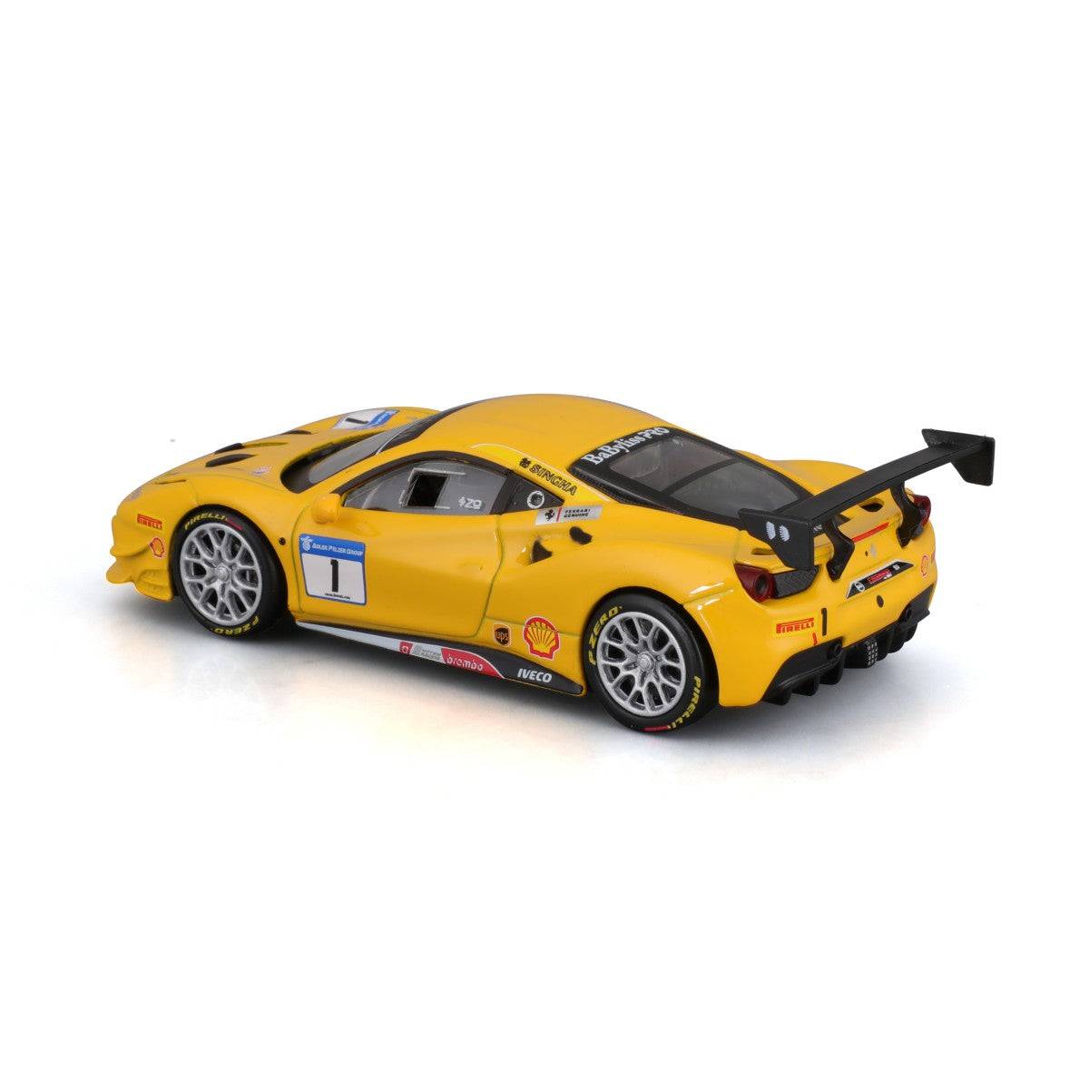 Rear view of Bburago 1:43 Ferrari 488 Challenge 2017 alloy model car, showcasing its large black spoiler, detailed taillights, and sponsor decals.