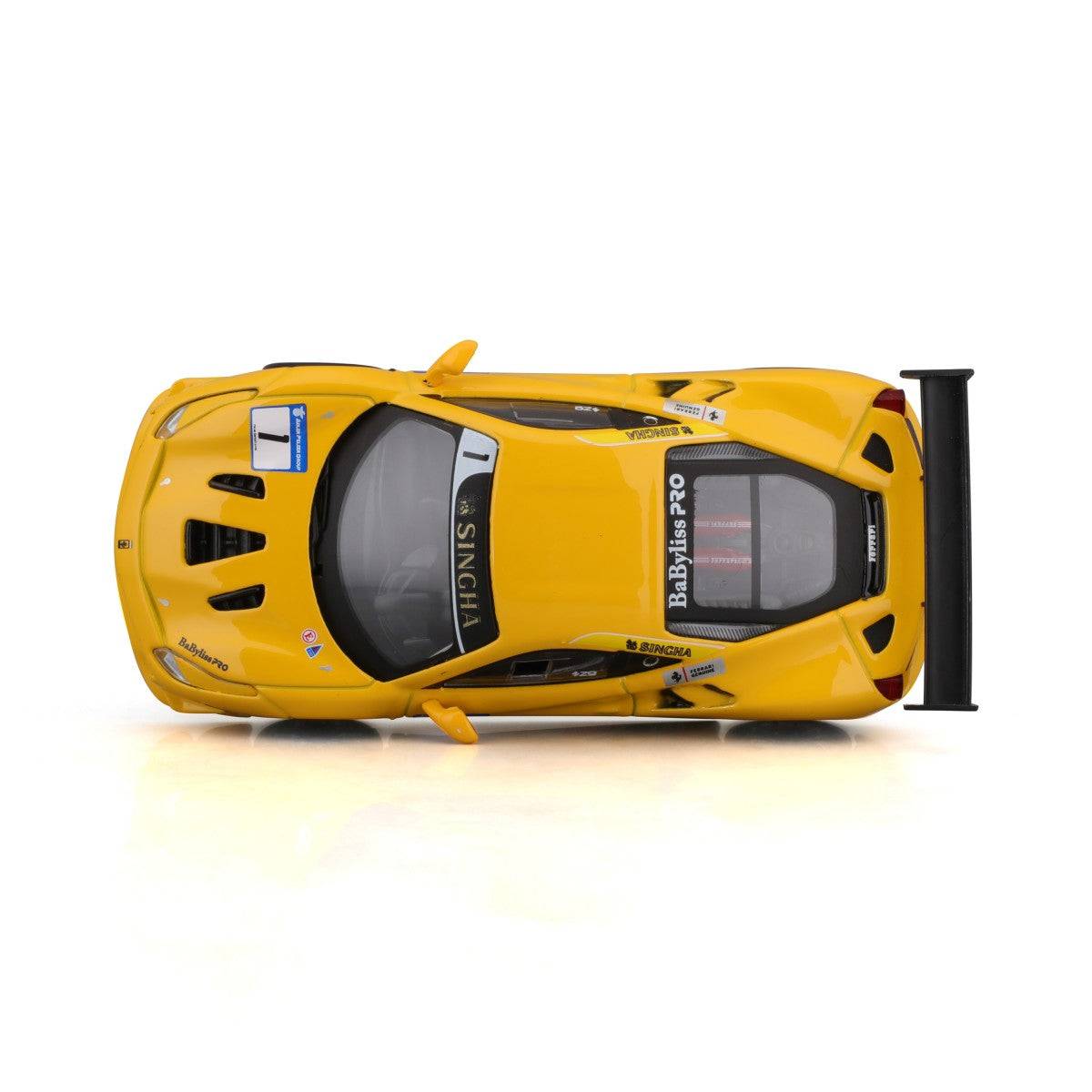 Top-down view of Bburago 1:43 Ferrari 488 Challenge 2017 alloy model car, highlighting its sleek racing design, roof decals, and aerodynamic vents.