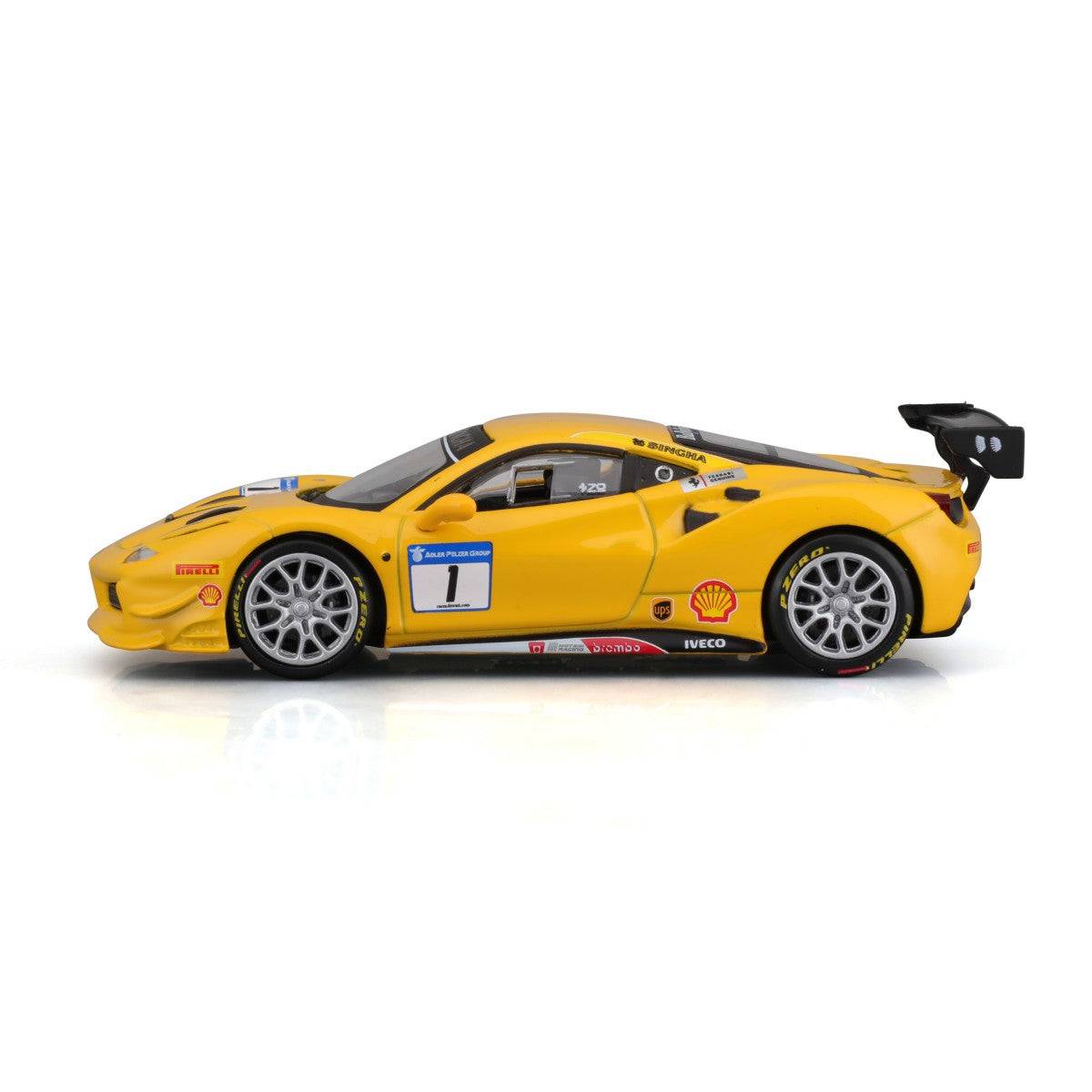 Side profile of Bburago 1:43 Ferrari 488 Challenge 2017 alloy model car in yellow, featuring realistic decals, aerodynamic body, and racing wheels.