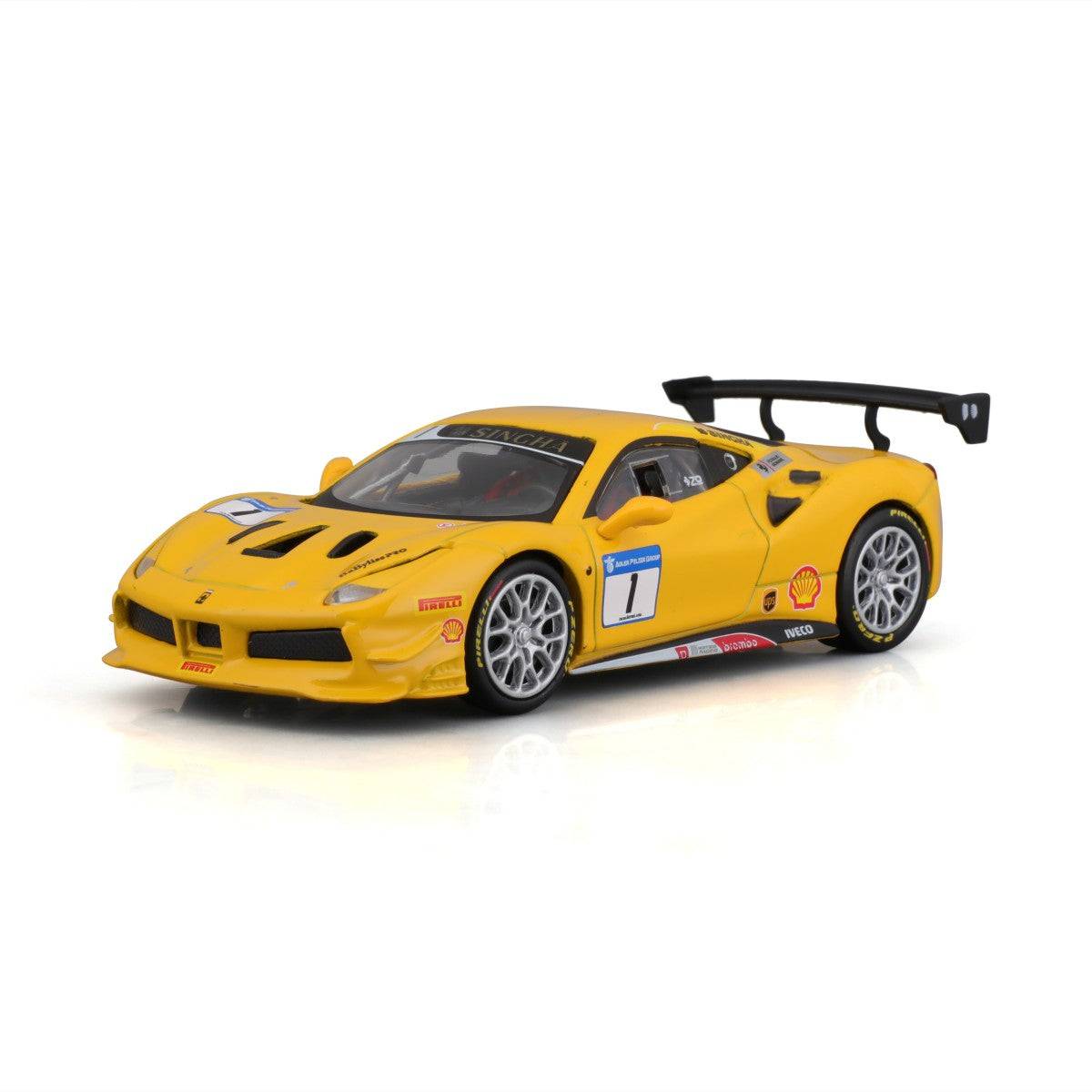 Angled view of Bburago 1:43 Ferrari 488 Challenge 2017 alloy model car, highlighting its sleek design, detailed wheels, and sponsor decals.