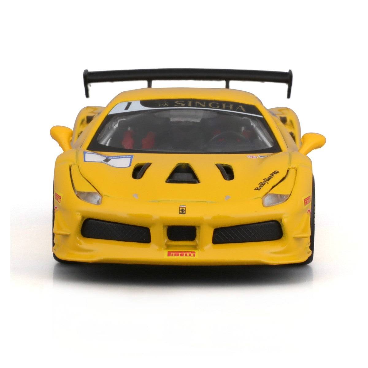 Front view of Bburago 1:43 Ferrari 488 Challenge 2017 alloy model car, featuring aggressive headlights, Ferrari emblem, and detailed racing grille.