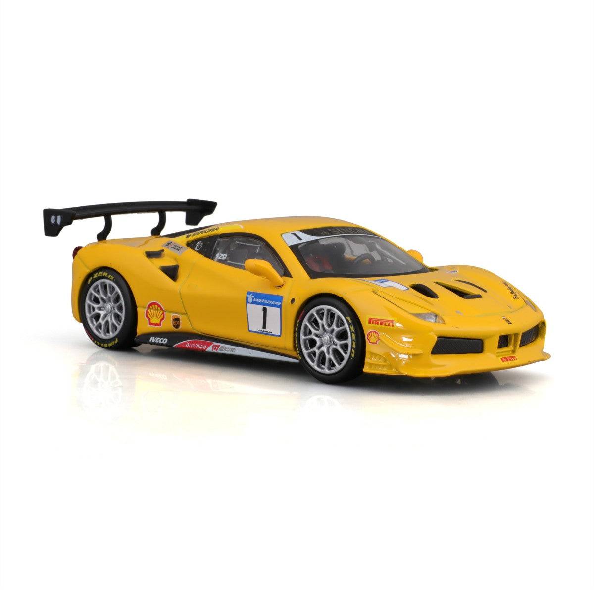 Close-up of Bburago 1:43 Ferrari 488 Challenge 2017 alloy model car, showcasing its intricate details, aerodynamic features, and realistic racing livery.