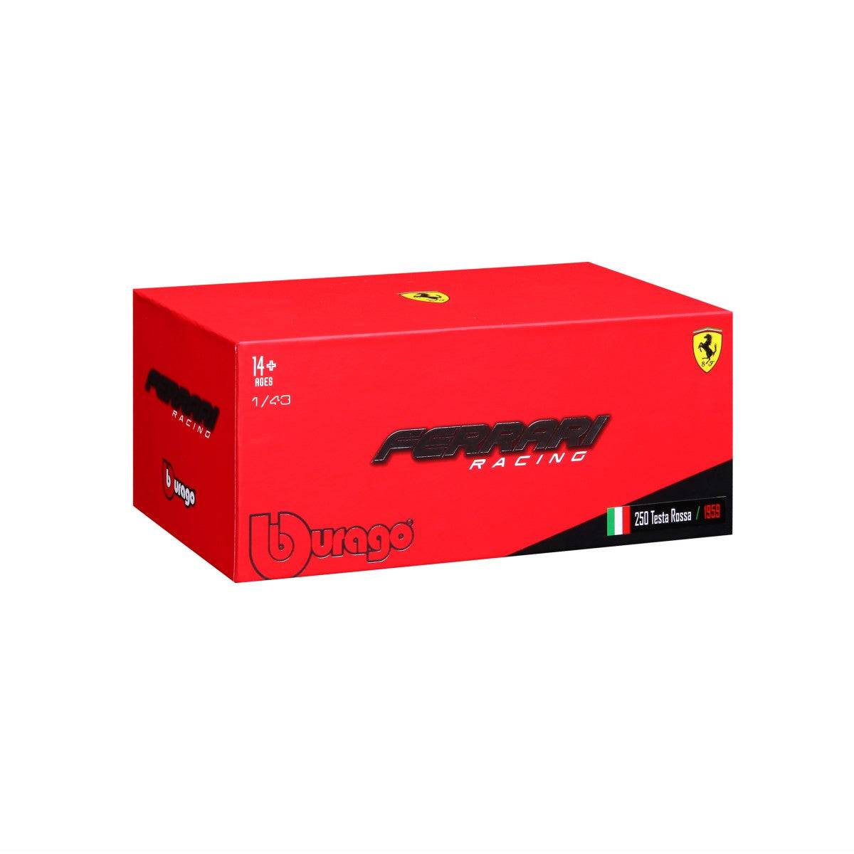 Bburago Ferrari Racing 1:43 scale model car packaging in red, featuring Ferrari and Bburago branding, ideal for collectors.