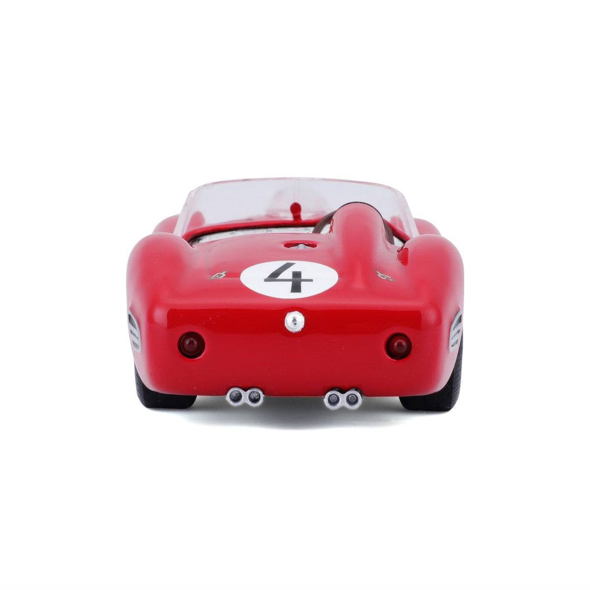 Rear view of Bburago 1:43 Ferrari 250 Testa Rossa 1959 model car, showcasing taillights, exhaust pipes, and racing number decal.