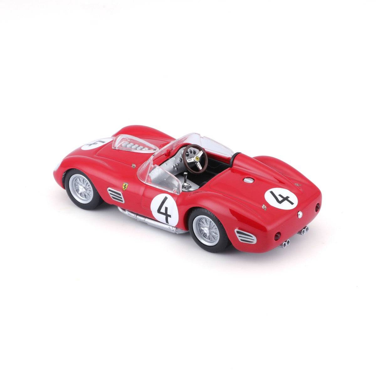 Rear three-quarter view of Bburago 1:43 Ferrari 250 Testa Rossa 1959 model car, featuring dual exhaust pipes and sleek bodywork.