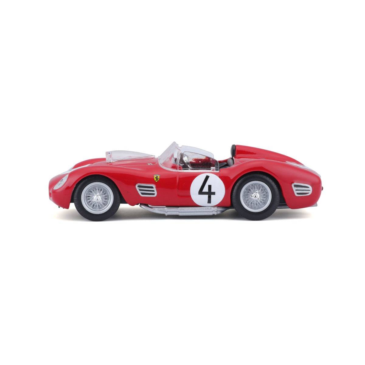 Side view of Bburago 1:43 Ferrari 250 Testa Rossa 1959 model car, showcasing its aerodynamic design and intricate wheel details.