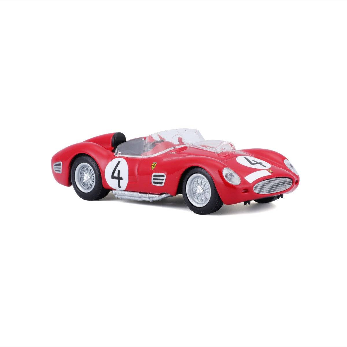 Angled front view of Bburago 1:43 Ferrari 250 Testa Rossa 1959 model car, highlighting its aerodynamic curves and detailed wheels.