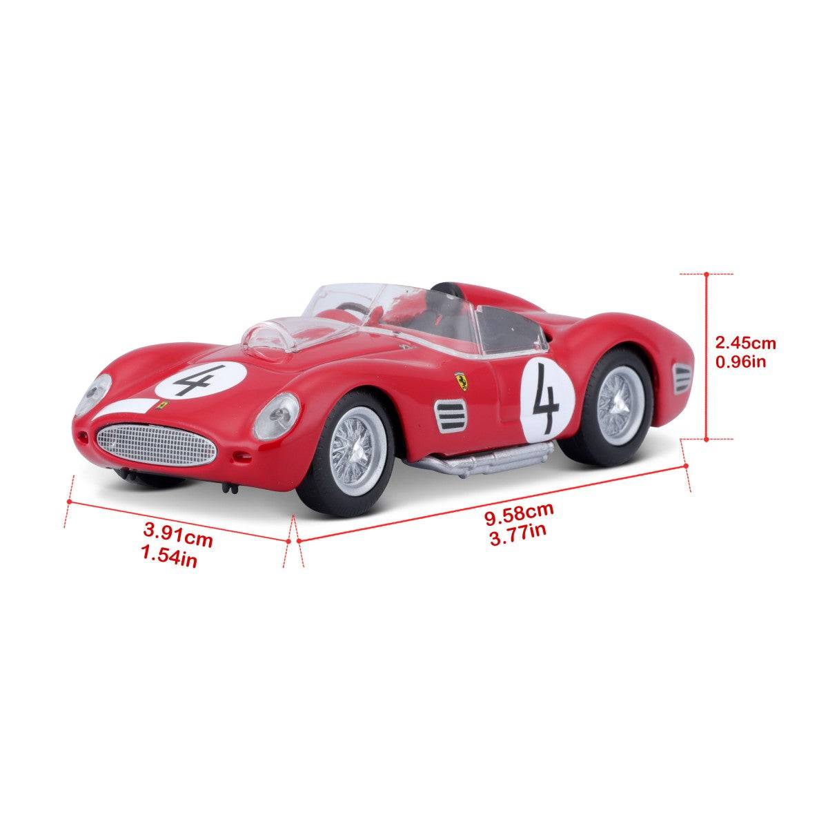 Bburago 1:43 Ferrari 250 Testa Rossa 1959 model car with labeled dimensions, illustrating its compact scale and precise detailing.