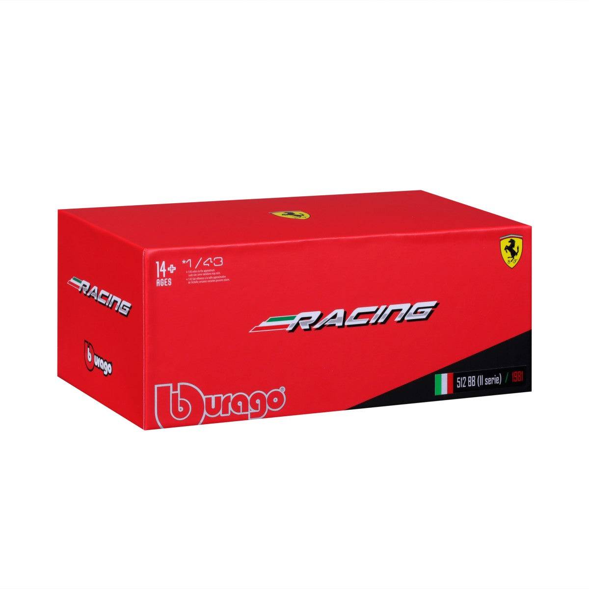 Bburago 1:43 Ferrari 512 BB II Serie 1981 model car packaging in red with Ferrari and Racing branding, ideal for collectors and enthusiasts.