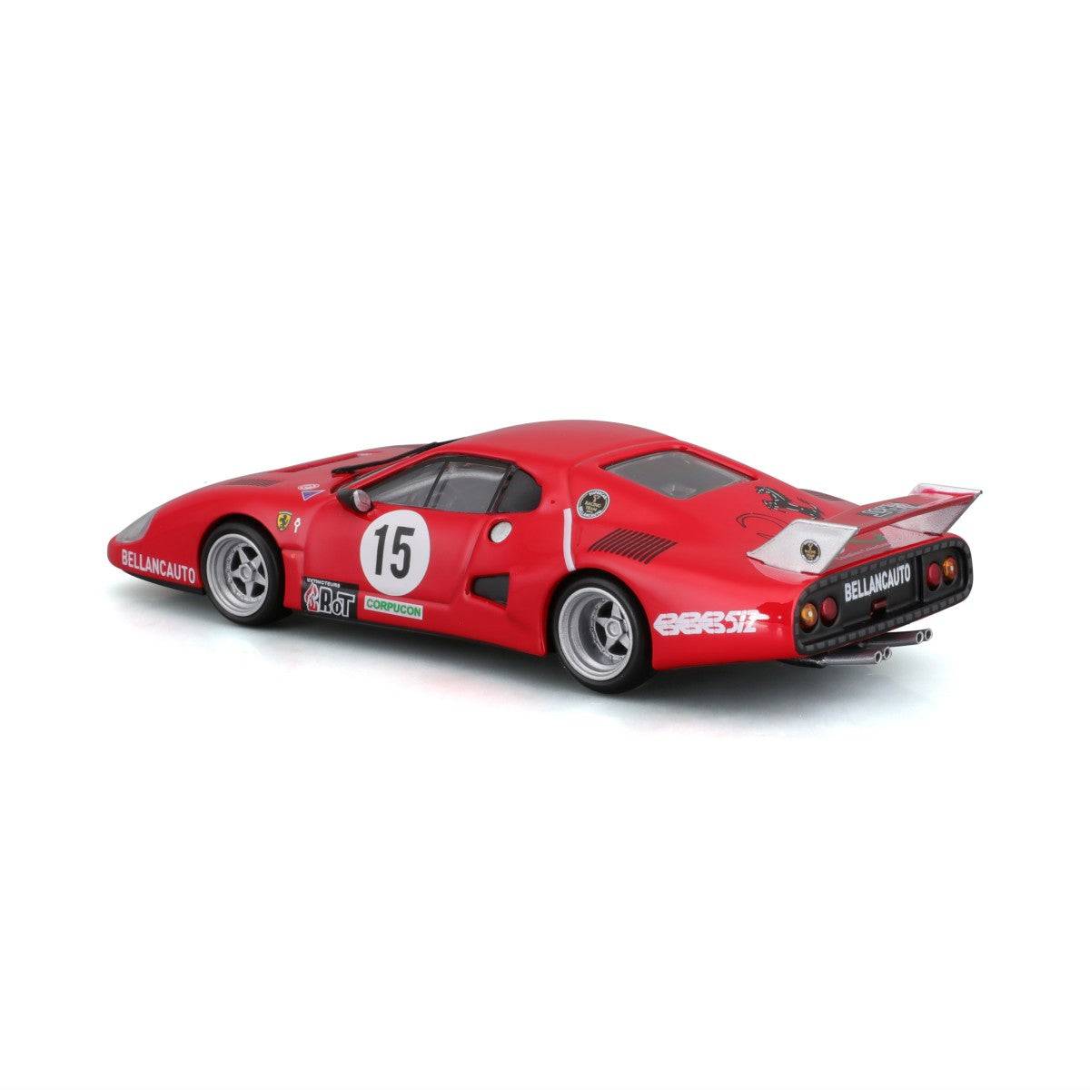 Rear three-quarter view of the Bburago 1:43 Ferrari 512 BB II Serie 1981 model car, showcasing its sleek body and racing wing.