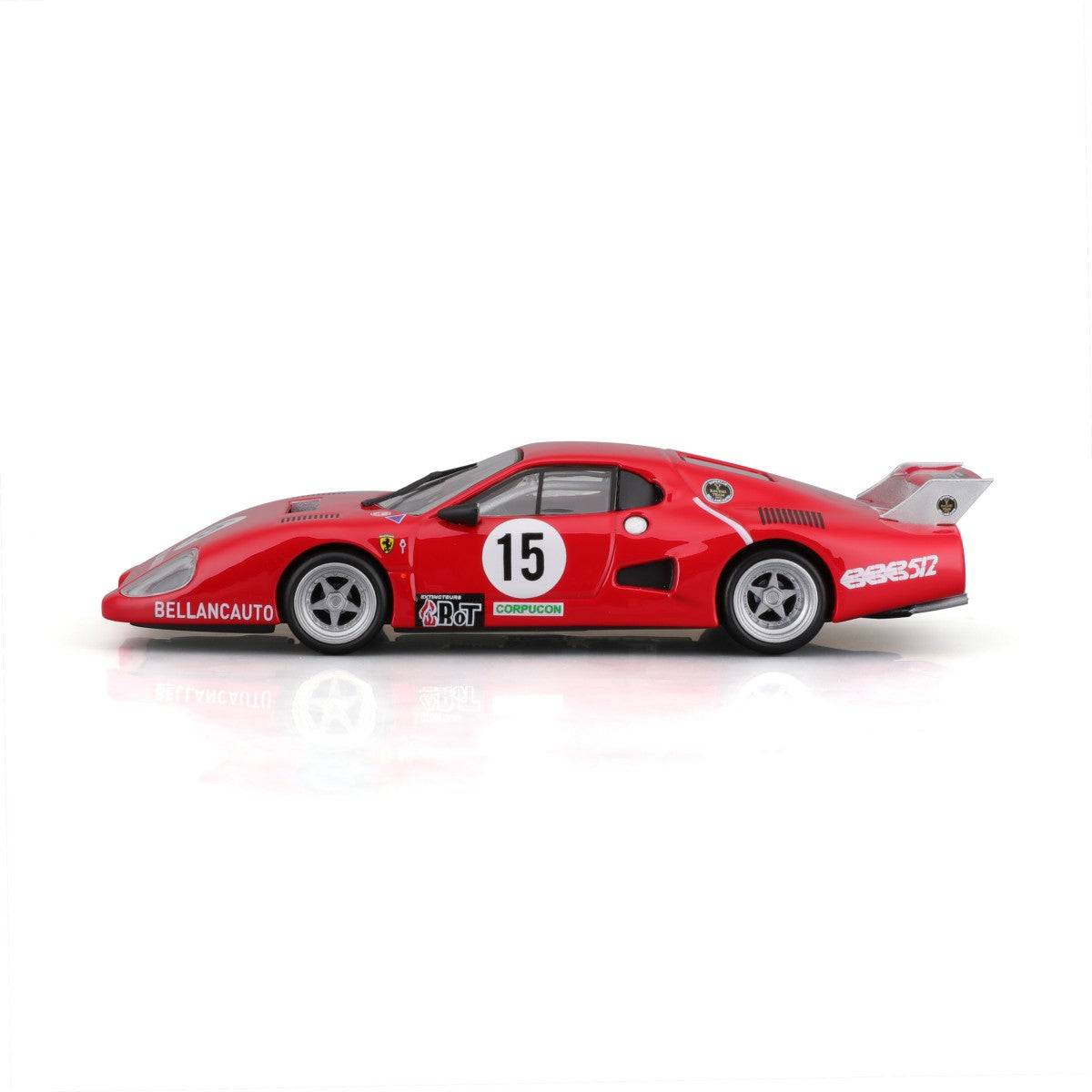 Side profile of the Bburago 1:43 Ferrari 512 BB II Serie 1981 alloy model car, featuring number 15 racing decals and Ferrari branding.