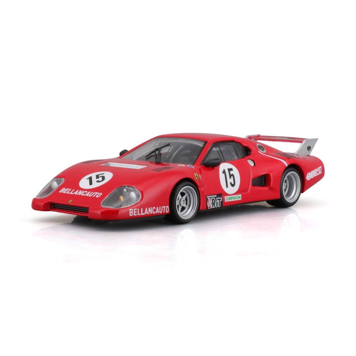 Front three-quarter view of the Bburago 1:43 Ferrari 512 BB II Serie 1981 model car, highlighting its aggressive stance and detailed design.