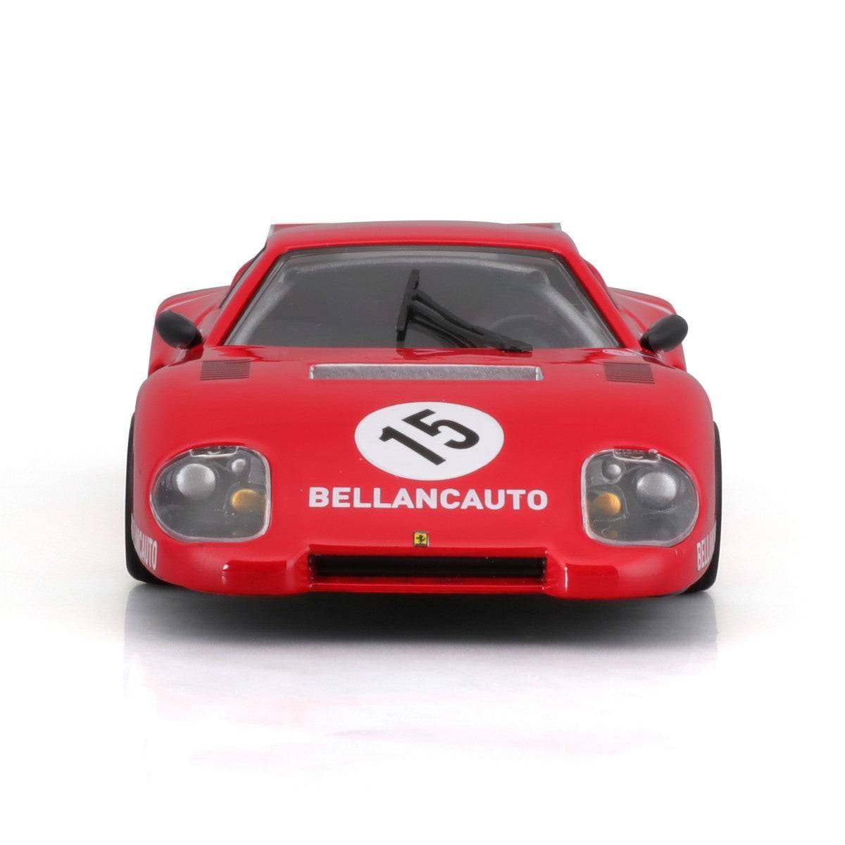Front view of the Bburago 1:43 Ferrari 512 BB II Serie 1981 model car, highlighting its headlights, grille, and racing number 15.