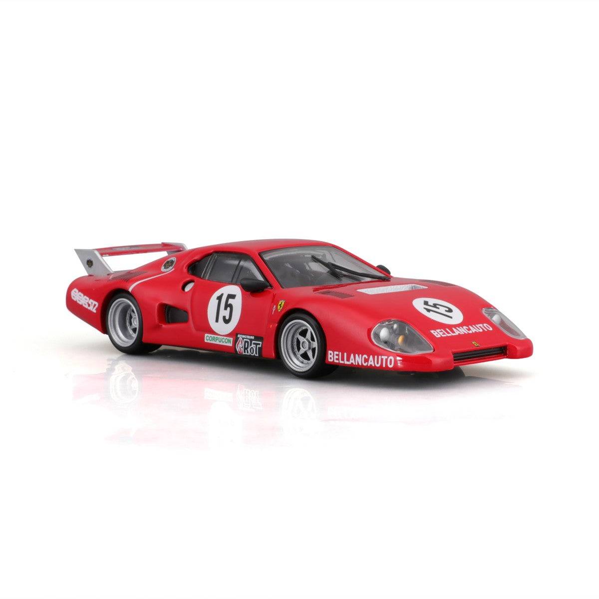 Angled view of the Bburago 1:43 Ferrari 512 BB II Serie 1981 model car, emphasizing its sleek racing design and detailed decals.