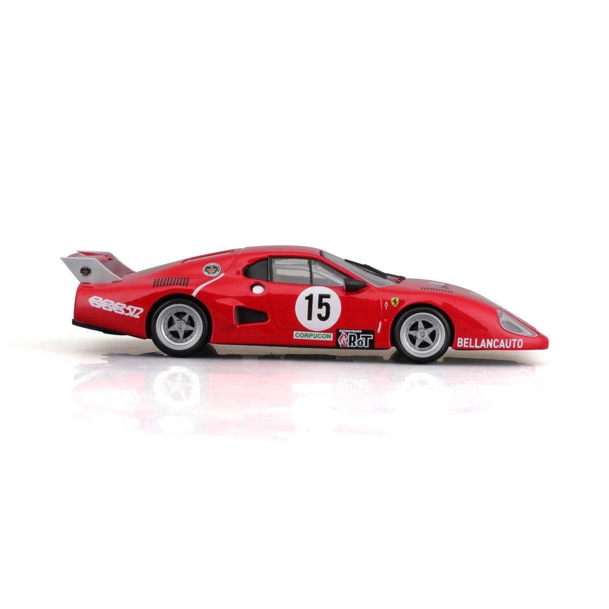 Side view of the Bburago 1:43 Ferrari 512 BB II Serie 1981 model car, showcasing its low-profile body and racing-inspired aesthetics.