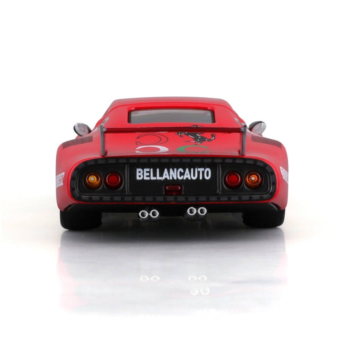 Rear view of the Bburago 1:43 Ferrari 512 BB II Serie 1981 model car, featuring dual exhausts, taillights, and Bellancauto branding.