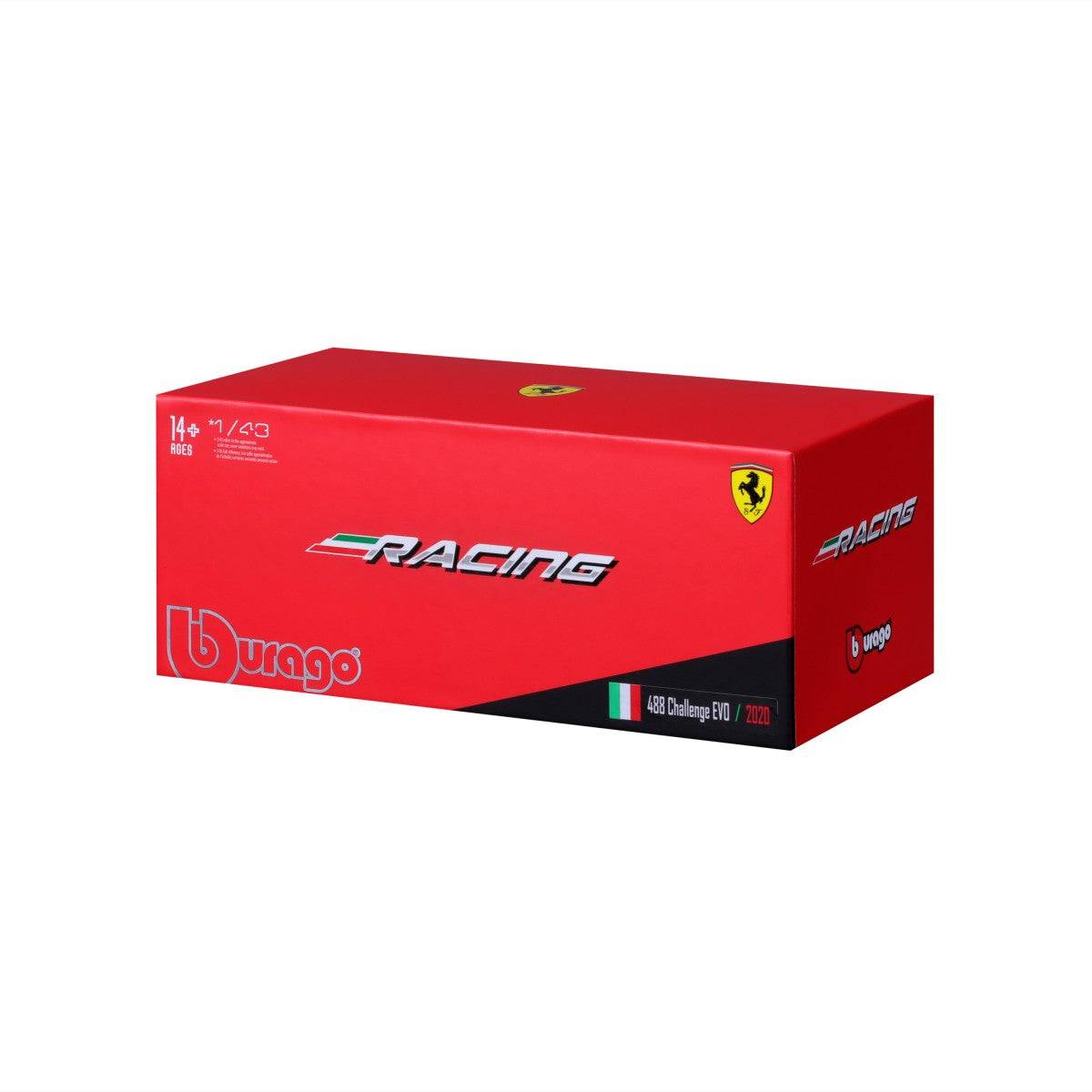 Bburago 1:43 Ferrari Challenge EVO 2020 alloy model car packaging in red with Ferrari and Bburago branding, ideal for collectors and gift-giving.