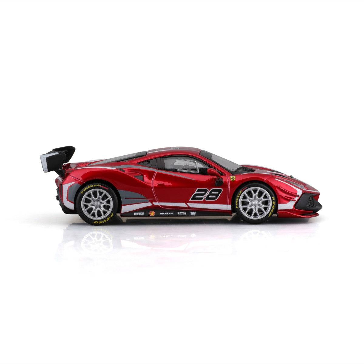 Left side view of Bburago 1:43 Ferrari Challenge EVO 2020 alloy model car with racing number 28, aerodynamic bodywork, and silver wheels.