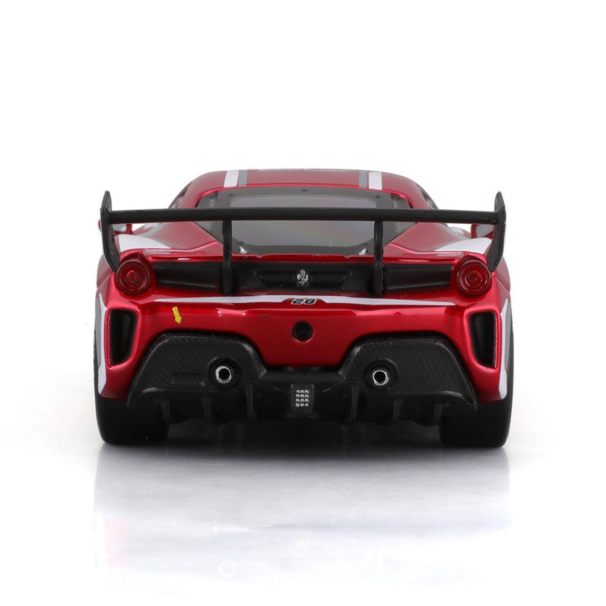 Rear view of Bburago 1:43 Ferrari Challenge EVO 2020 alloy model car featuring dual exhausts, rear diffuser, and large racing wing.