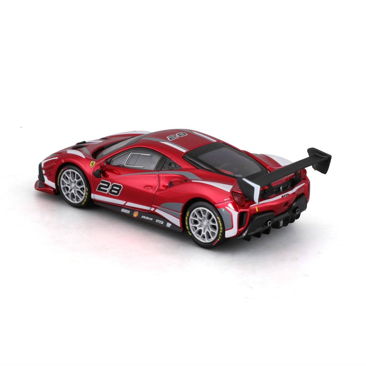 Rear three-quarter view of Bburago 1:43 Ferrari Challenge EVO 2020 alloy model car showcasing its large rear wing and detailed exhaust system.