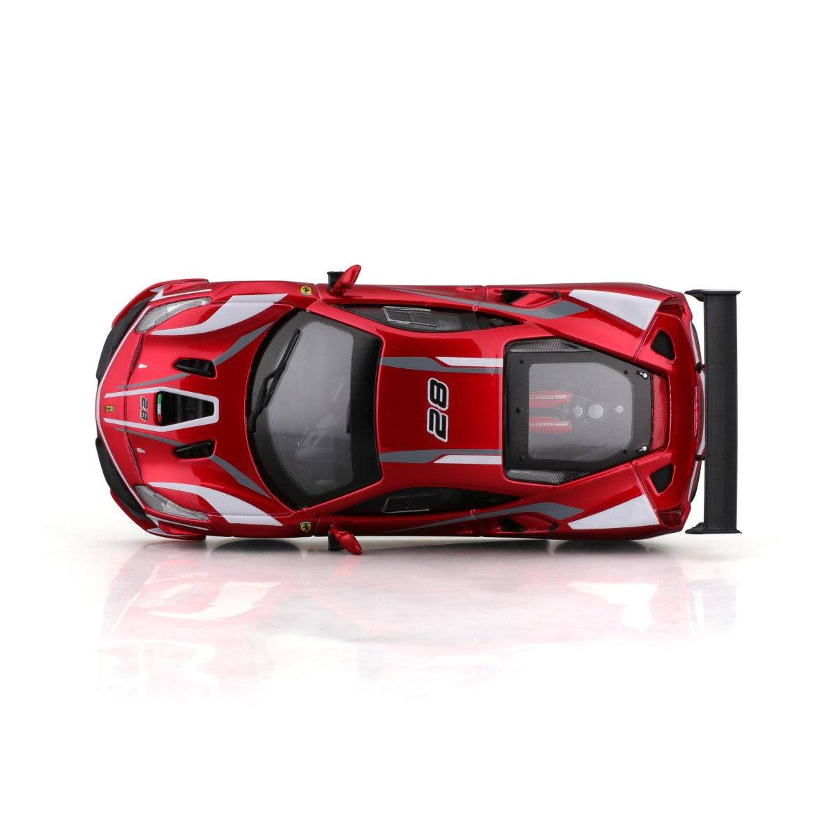 Top-down view of Bburago 1:43 Ferrari Challenge EVO 2020 alloy model car highlighting its racing livery, roof details, and aerodynamic contours.