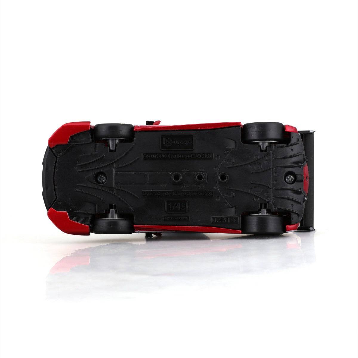 Underside of Bburago 1:43 Ferrari Challenge EVO 2020 alloy model car displaying manufacturer markings, scale details, and chassis design.