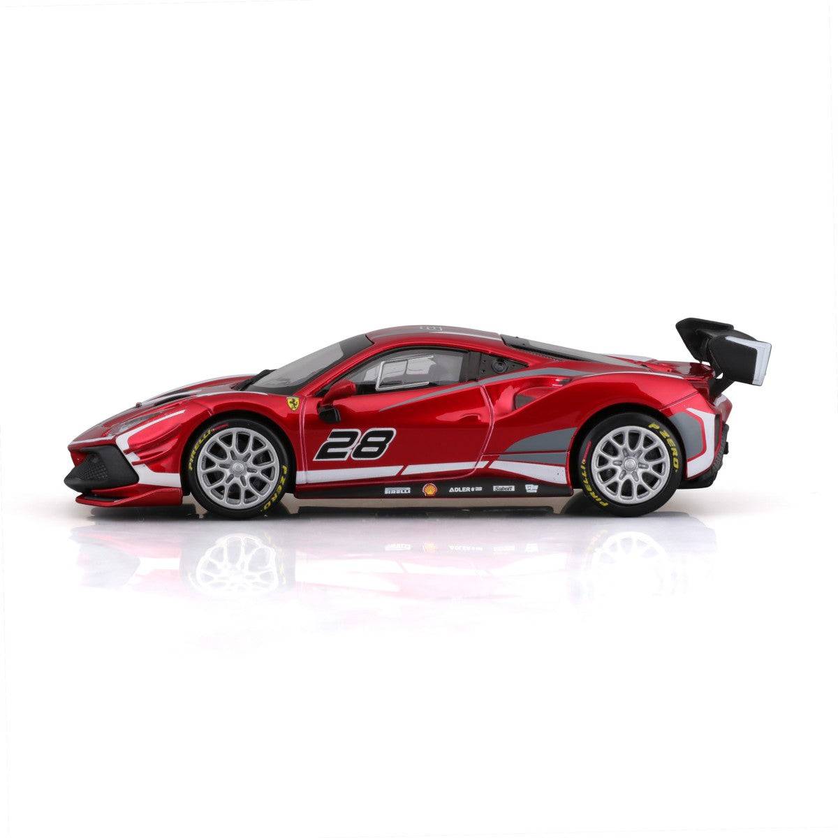 Side profile of Bburago 1:43 Ferrari Challenge EVO 2020 alloy model car with racing decals, aerodynamic side skirts, and detailed wheels.