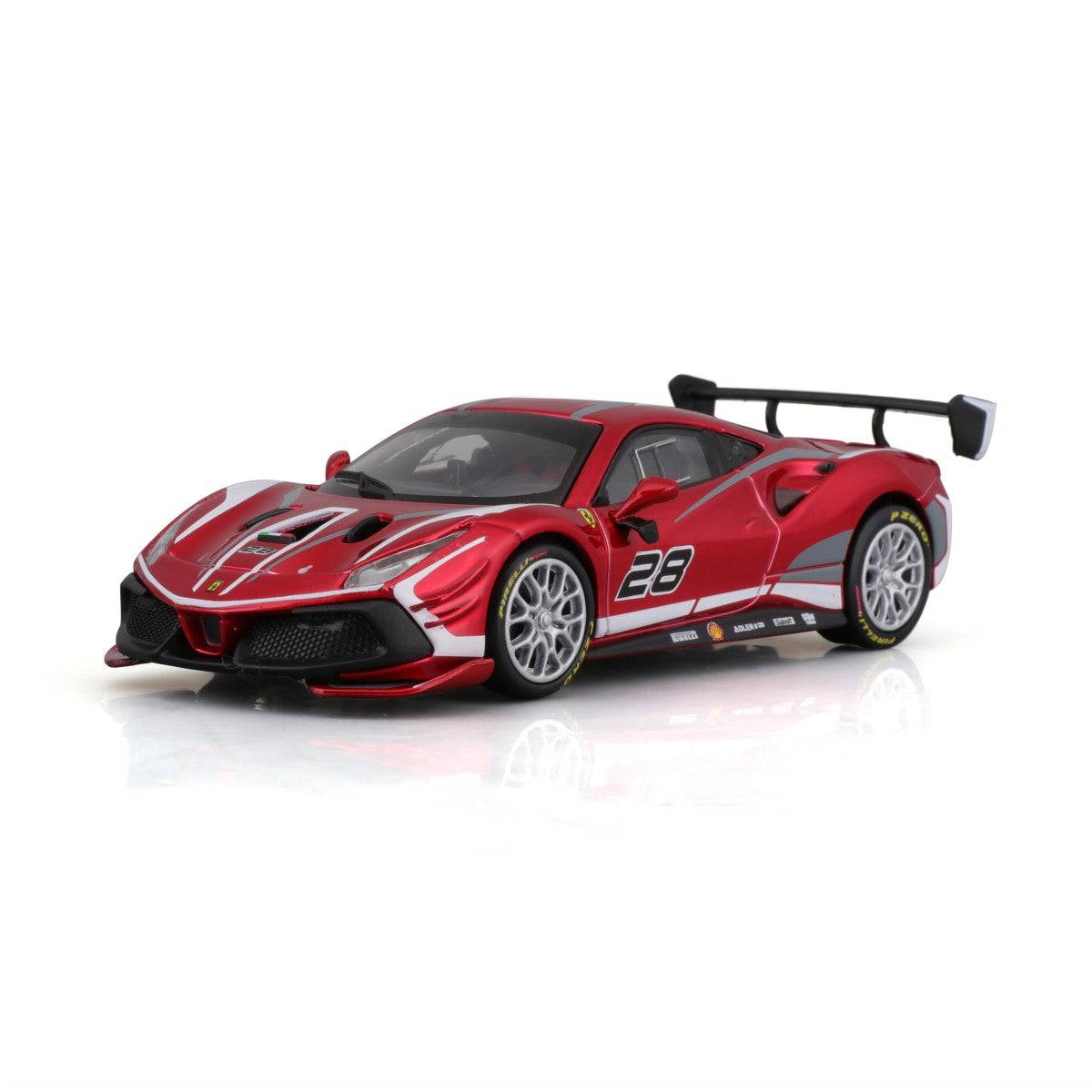 Angled front view of Bburago 1:43 Ferrari Challenge EVO 2020 alloy model car showcasing its sleek design, racing livery, and intricate detailing.