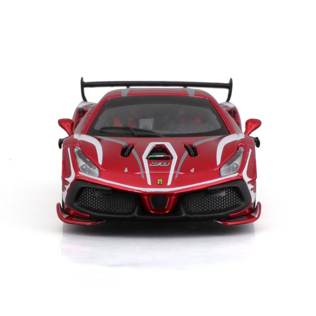 Front view of Bburago 1:43 Ferrari Challenge EVO 2020 alloy model car with aggressive grille, aerodynamic vents, and Ferrari emblem.