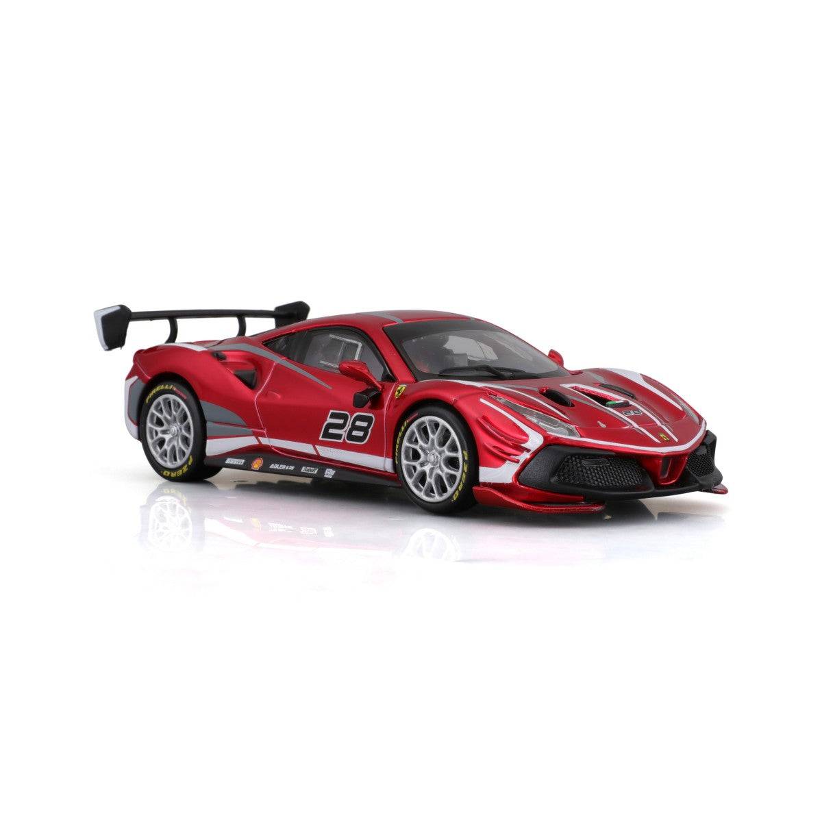 Close-up of Bburago 1:43 Ferrari Challenge EVO 2020 alloy model car highlighting its detailed headlights, air intakes, and Ferrari badging.