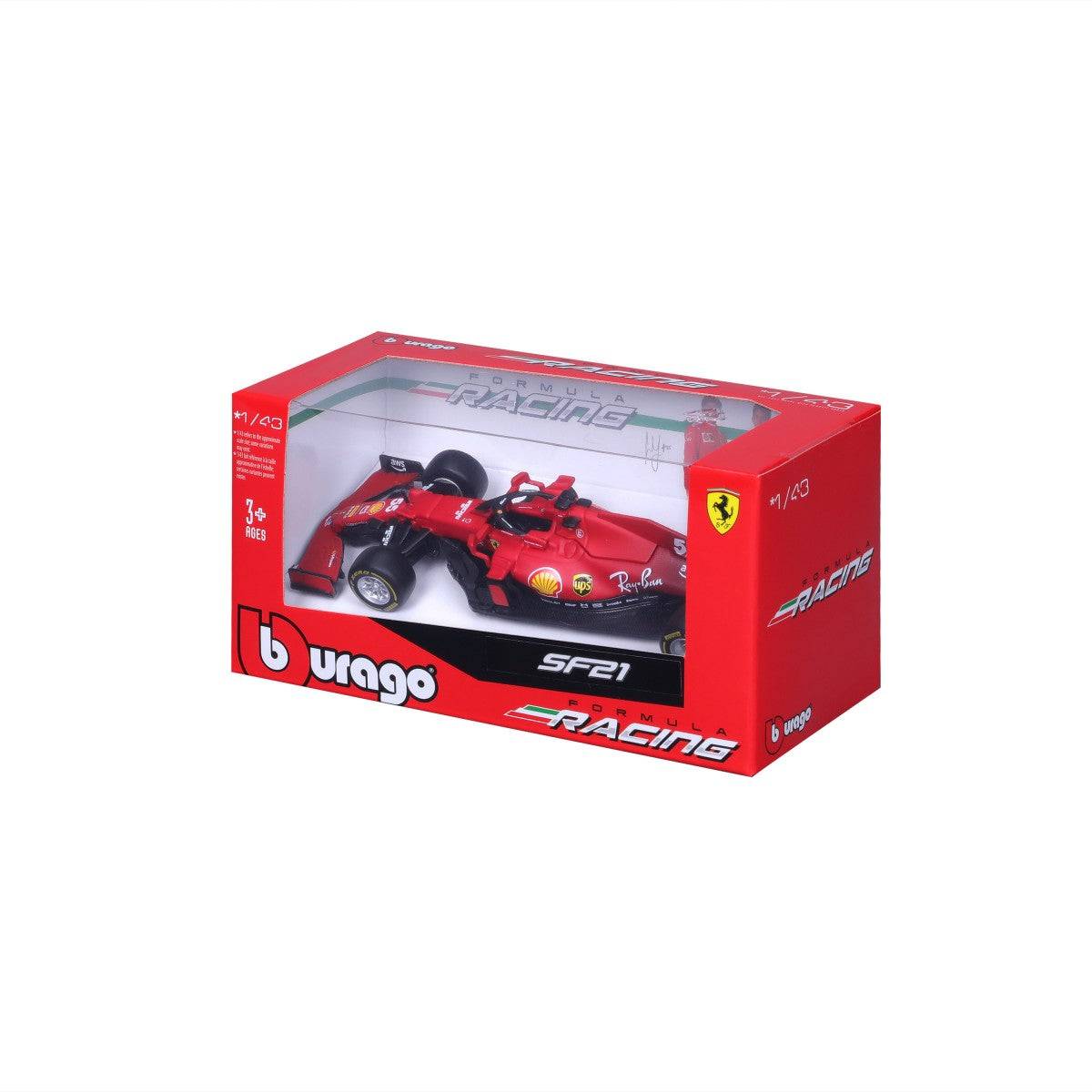Bburago 1:43 Ferrari SF21 #55 Carlos Sainz diecast car in red packaging, featuring realistic details for F1 model collectors and Ferrari lovers.