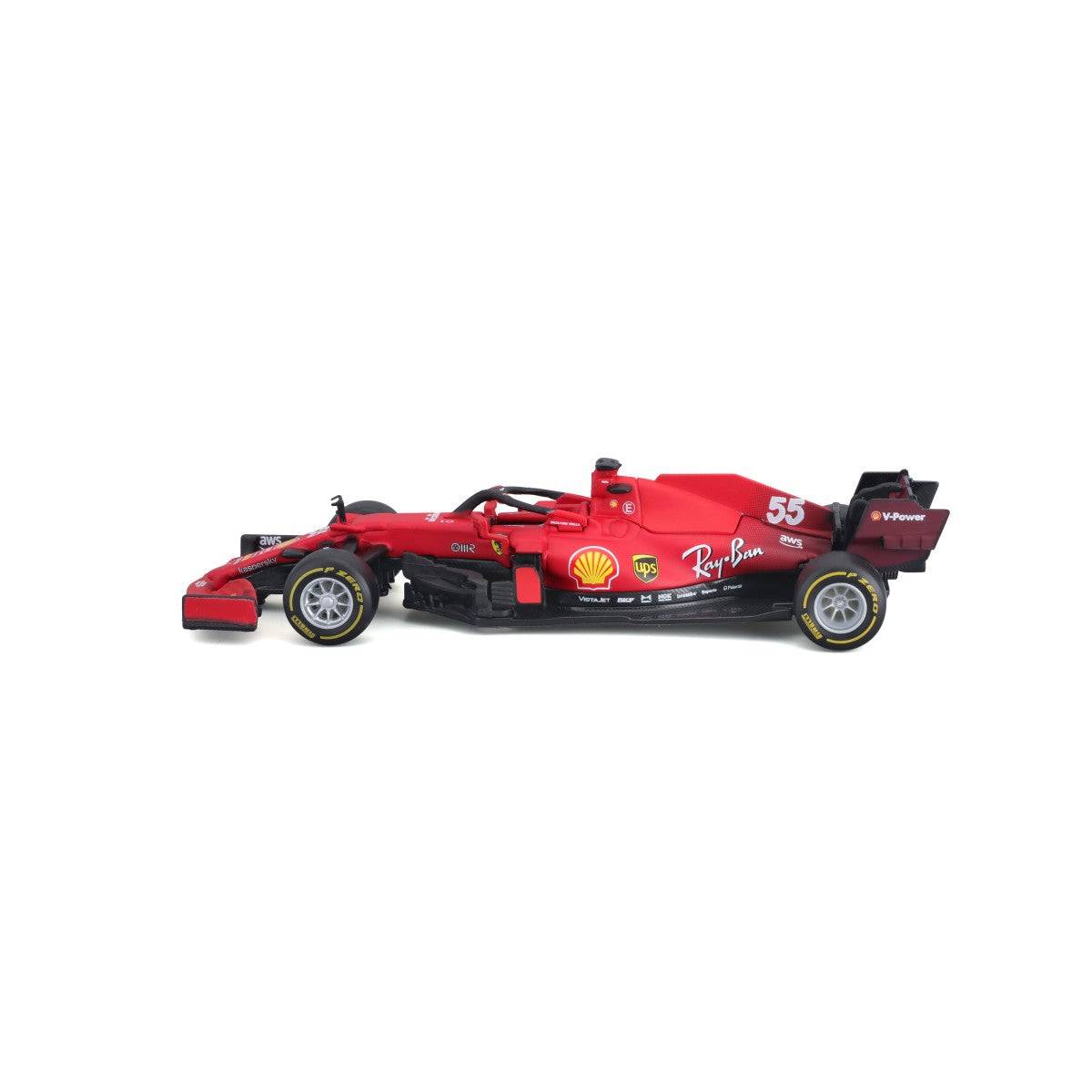 Side view of Bburago 1:43 Ferrari SF21 #55 Carlos Sainz diecast model, showcasing intricate details and sponsor logos for F1 enthusiasts.
