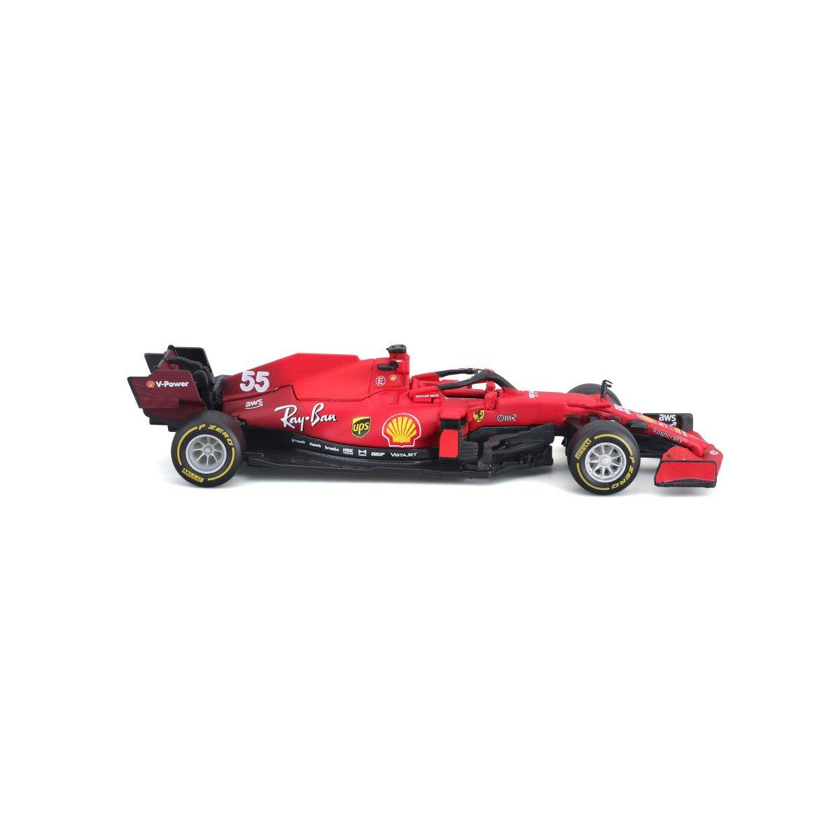 Right-side profile of Bburago 1:43 Ferrari SF21 #55 Carlos Sainz model, featuring authentic Ferrari livery and sponsor decals for collectors.