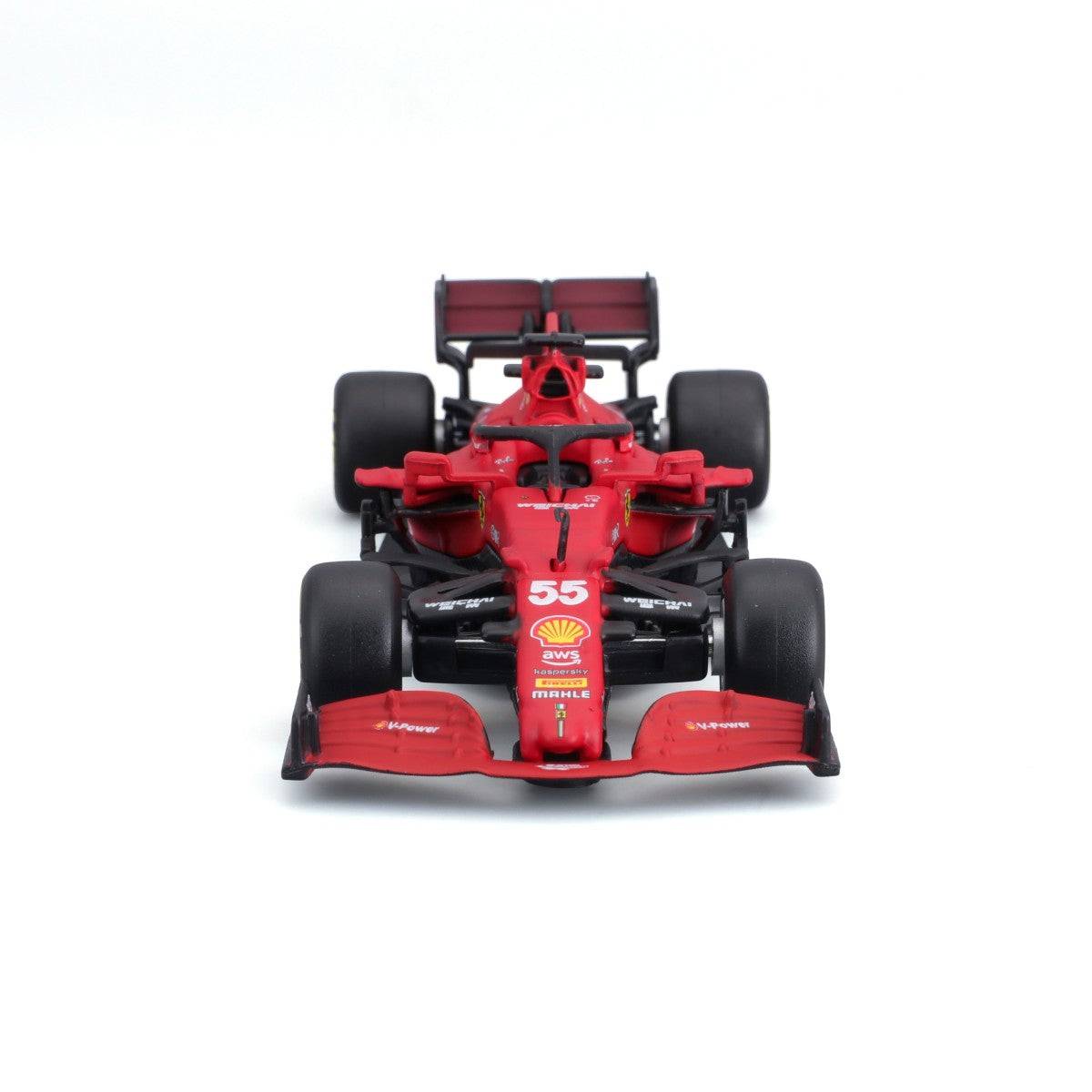 Front view of Bburago 1:43 Ferrari SF21 #55 Carlos Sainz diecast car, highlighting aerodynamic design and detailed F1 styling for fans.