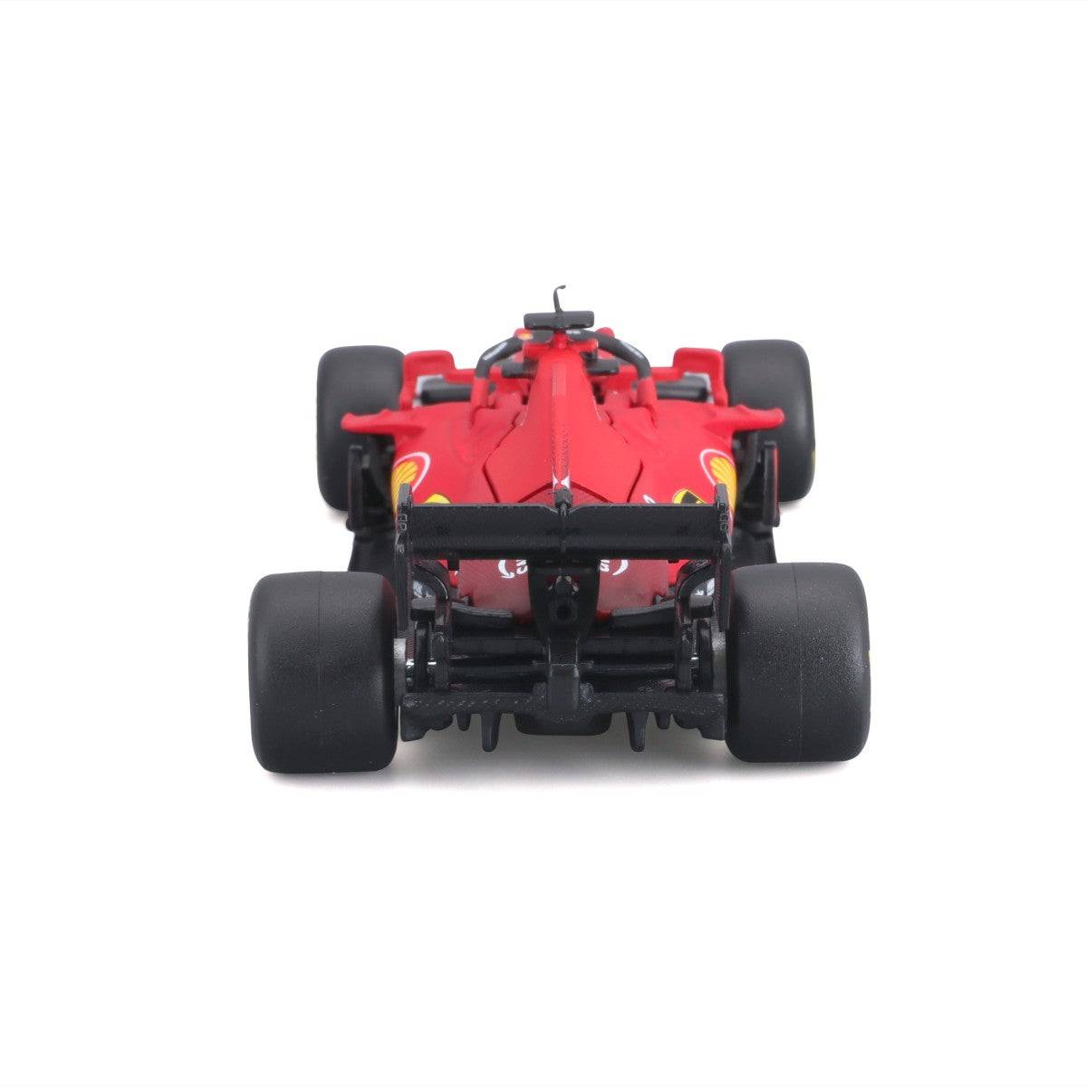 Rear view of Bburago 1:43 Ferrari SF21 #55 Carlos Sainz model, showcasing exhaust details and rear wing design for Formula 1 collectors.