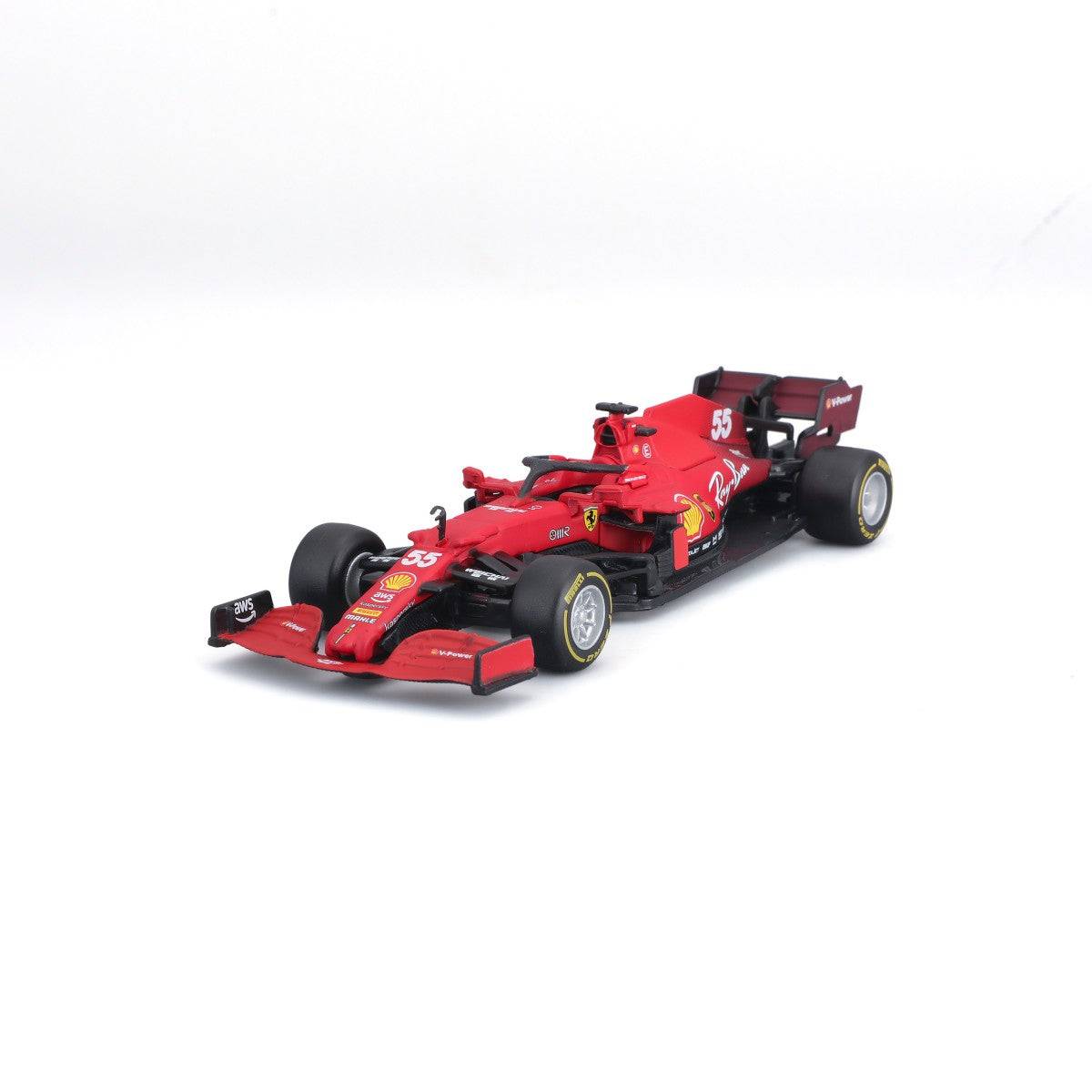 Angled front-left view of Bburago 1:43 Ferrari SF21 #55 Carlos Sainz diecast model, featuring realistic F1 details and Ferrari branding.