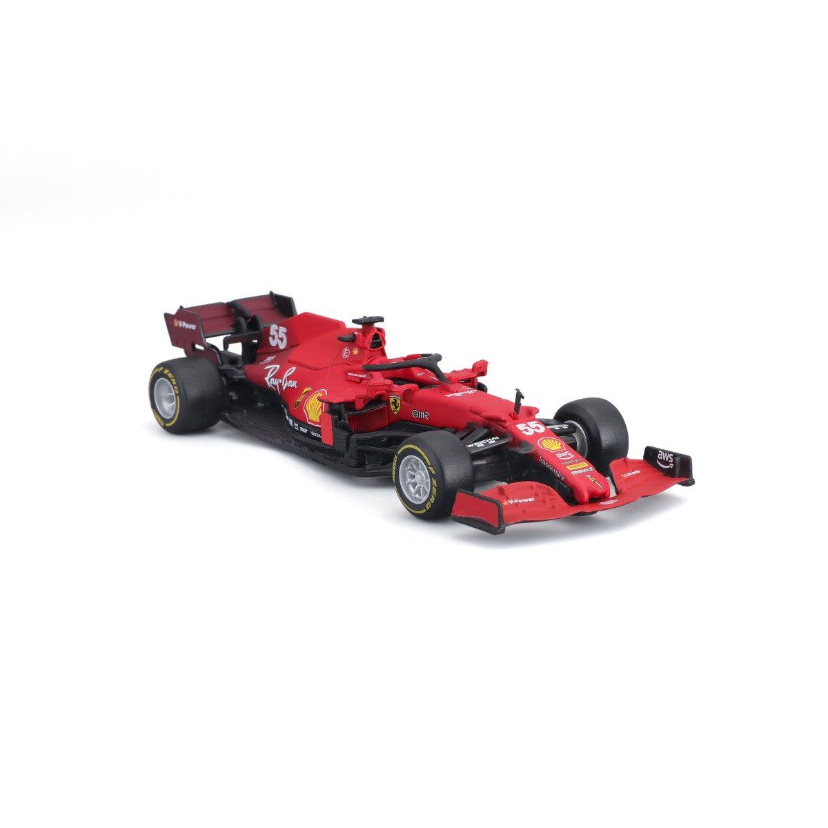 Angled front-right view of Bburago 1:43 Ferrari SF21 #55 Carlos Sainz model, displaying intricate design and sponsor logos for F1 fans.