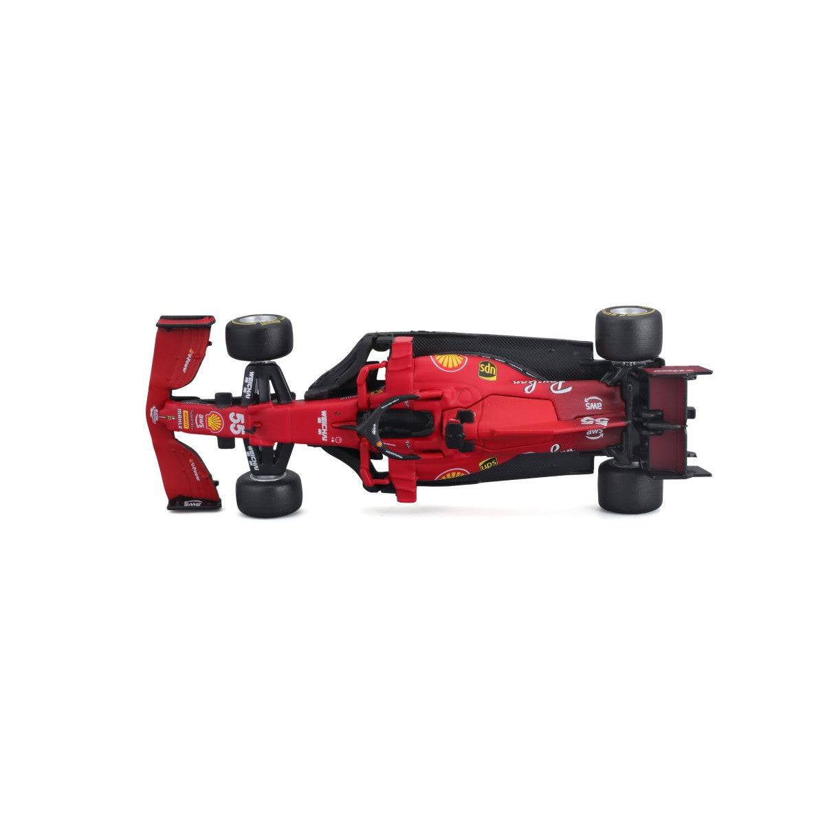 Top-down view of Bburago 1:43 Ferrari SF21 #55 Carlos Sainz diecast car, showcasing aerodynamic bodywork and detailed cockpit for collectors.