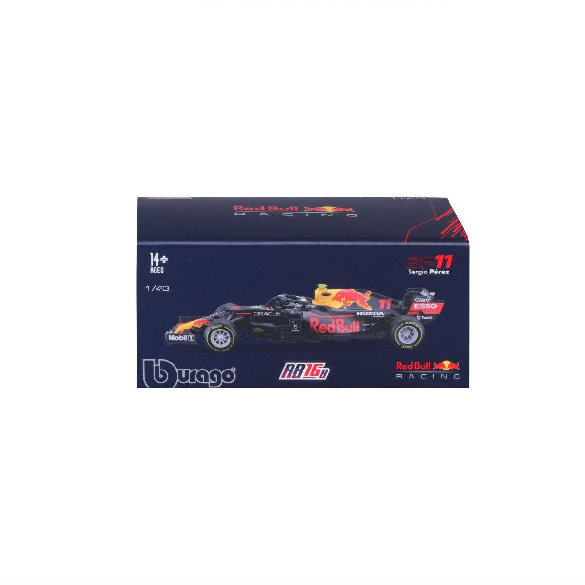 Bburago 1:43 F1 Red Bull Racing RB16B #11 Sergio Perez model packaging, featuring Red Bull branding and product details.