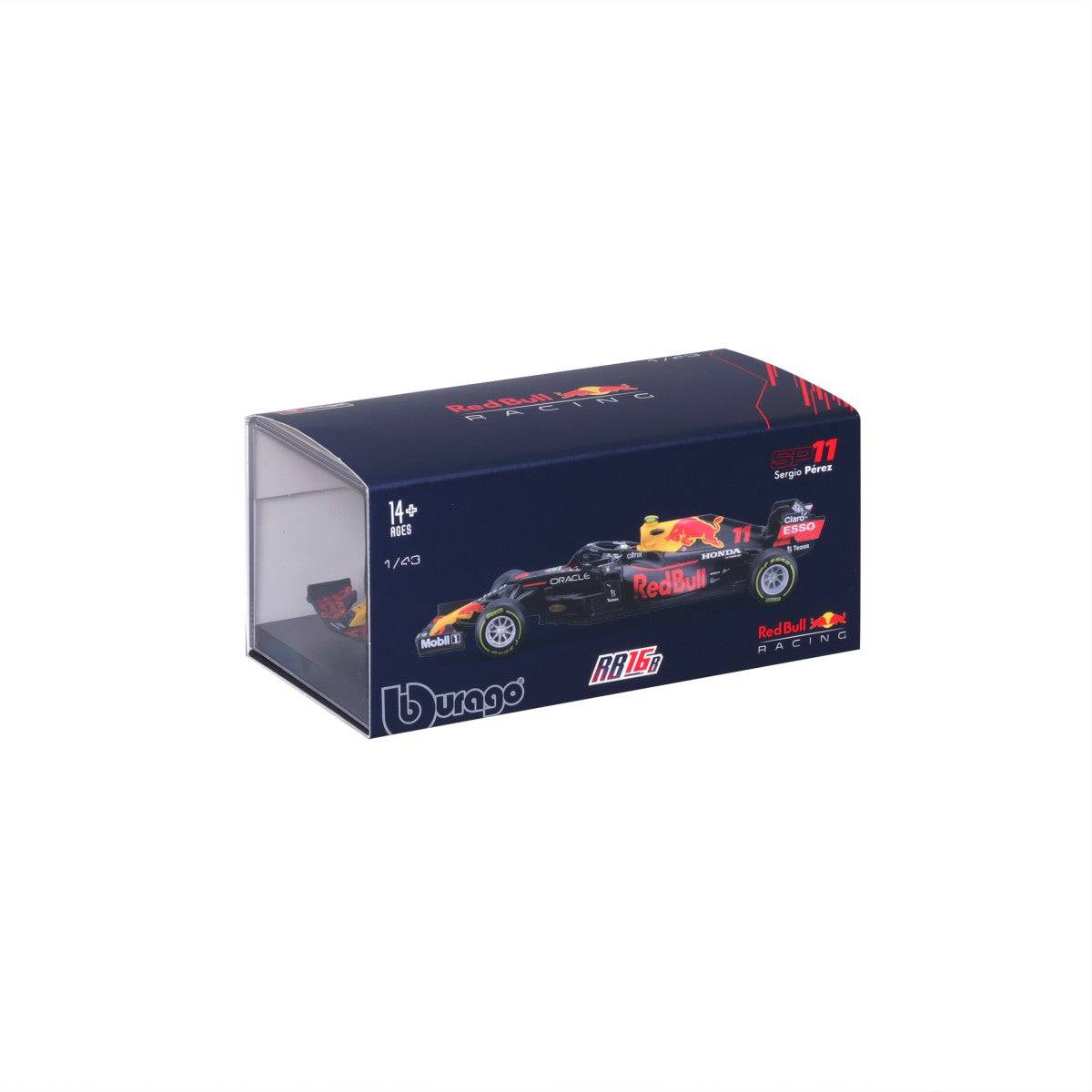 Angled view of the Bburago 1:43 F1 Red Bull Racing RB16B #11 Sergio Perez model in its display box, perfect for collectors and F1 fans.