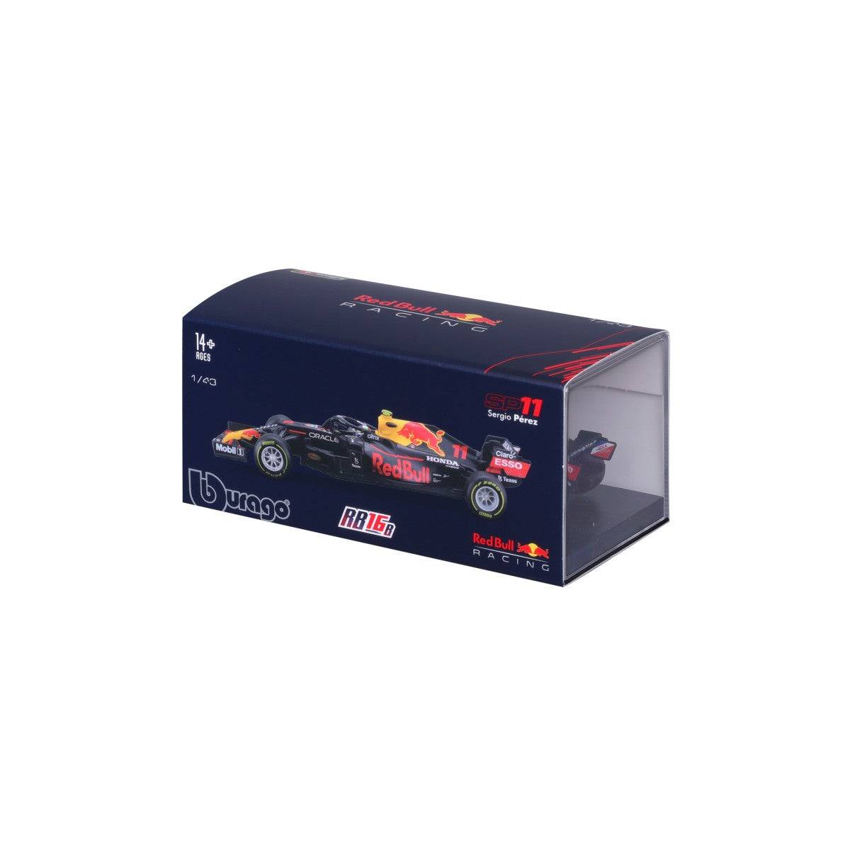 Side packaging view of the Bburago 1:43 F1 Red Bull Racing RB16B #11 Sergio Perez model, showcasing the car's image and branding.
