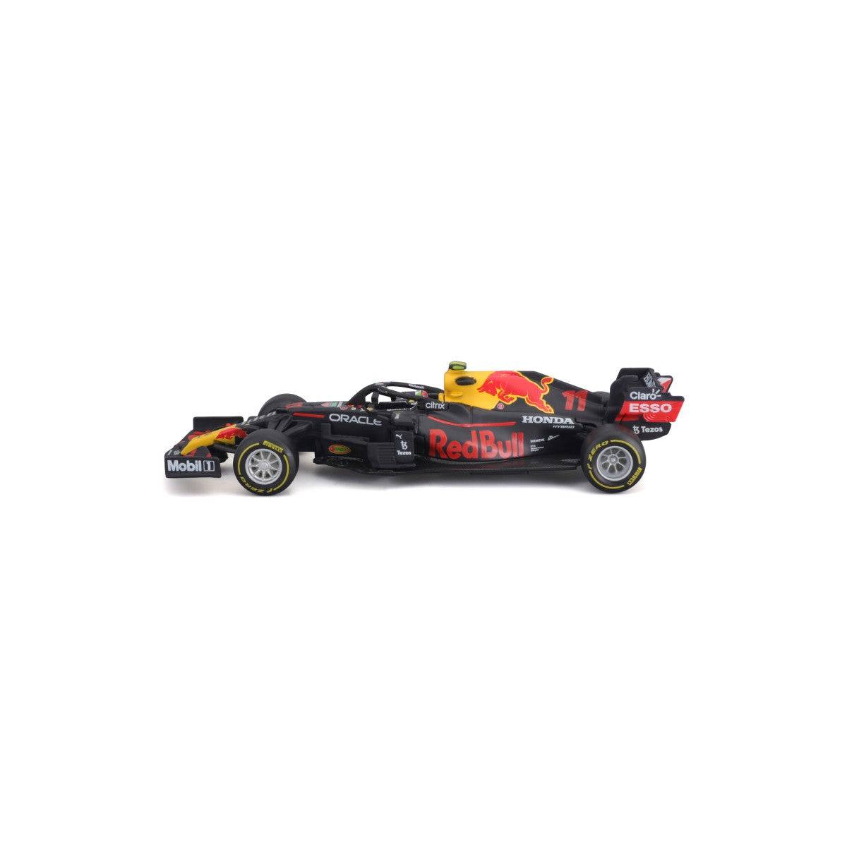 Side profile of the Bburago 1:43 F1 Red Bull Racing RB16B #11 Sergio Perez diecast model, highlighting Red Bull branding and sleek bodywork.