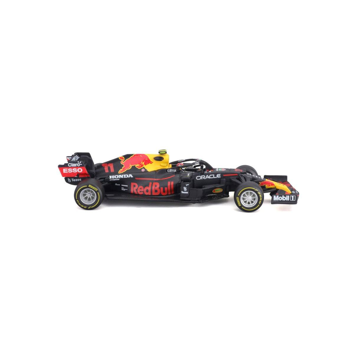 Right-side view of the Bburago 1:43 F1 Red Bull Racing RB16B #11 Sergio Perez model, displaying intricate details and realistic design.